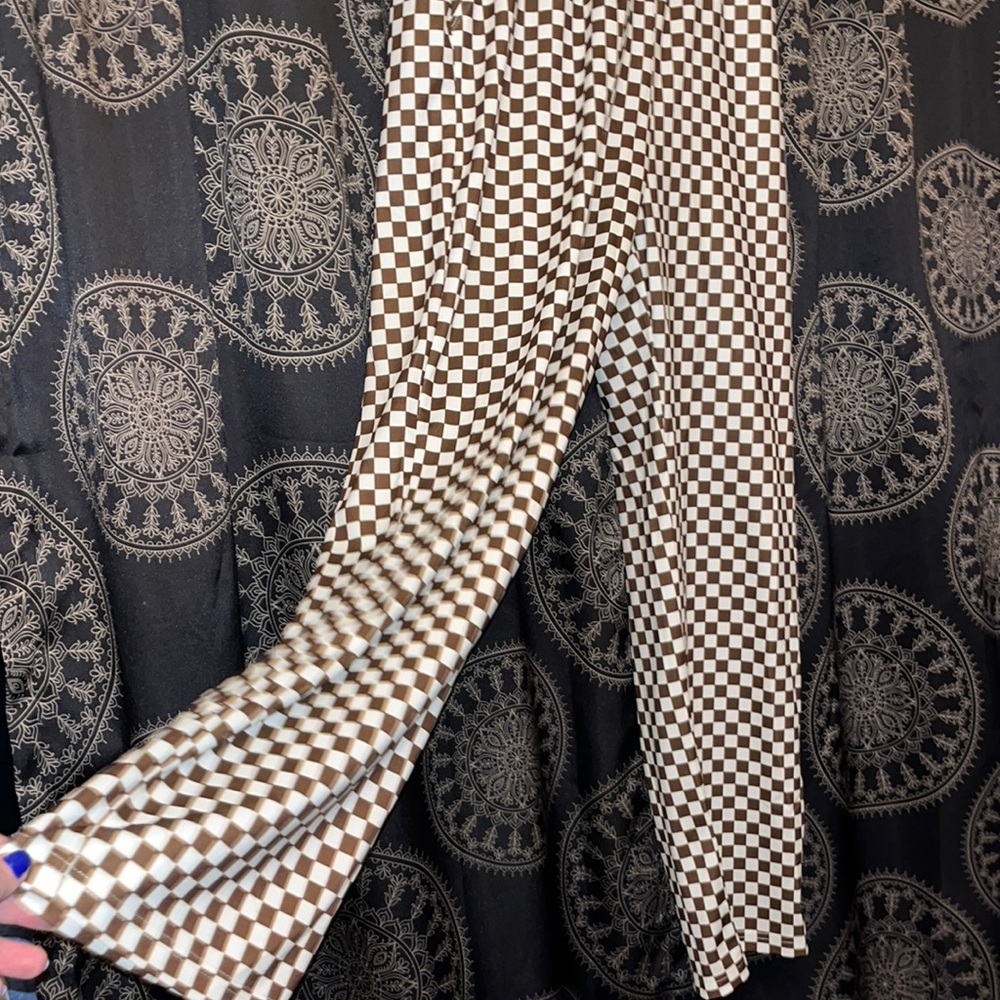 High-Rise Brown Checkerboard Wide-Leg Pants